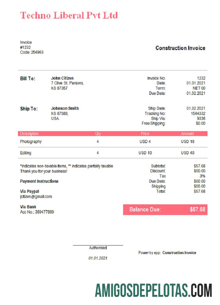 Fatura da Techno Liberal Pvt Ltd dos EUA exemplo